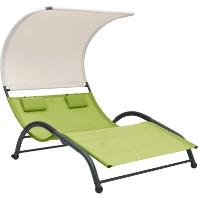 Image of vidaXL Double Sun Lounger with Canopy Textilene Green