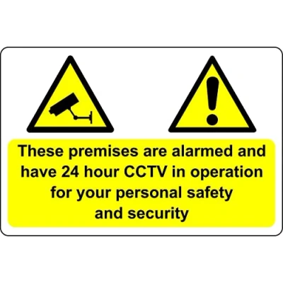 Image of These premises are alarmed and have 24 hour CCTV in operation for your safety security sign Self adhesive sticker (200mm x 150mm)