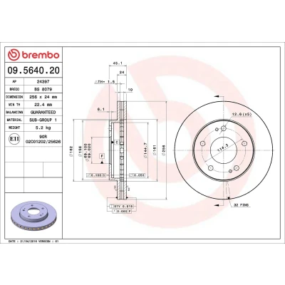 Image of MB618799, MB668108 Brake disc BREMBO 09.5640.20 256mm 24mm 5 internally vented MITSUBISHI: GALANT 6