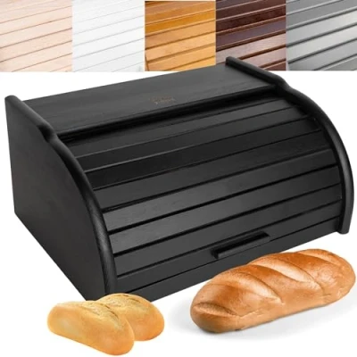 Image of Creative Home Black Wooden Bread Bin 38 x 28.5 17.5 cm (+/ 1 cm) Natural Beech Wood box Container with Roll Top Lid Kitchen Storage