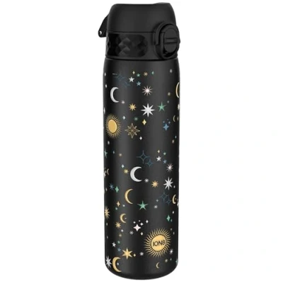 Image of Ion8 Steel Water Bottle, 600 ml/20 oz, Leak Proof, Easy to Open, Secure Lock, Dishwasher Safe, Flip Cover, Fits Cup Holders, Carry Handle, Durable, Metal Raised Print, Celestial Design