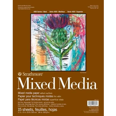 Image of Strathmore 400 Mixed Media 300gsm Pads, 15 x 11x14 in Sheets, Foldover Cover Glued 1 side, Ideal for Professionals &amp; Students