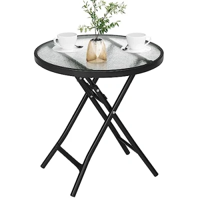 Image of eSituro Side Table, Folding Table with Glass Top, Outdoor Garden Small Patio Black+transparent, Dia. 46x47.5 cm Round SCPT0041