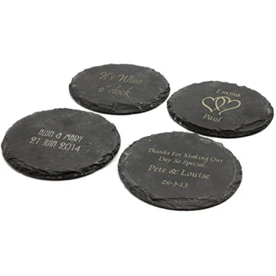 Image of County Engraving Personalised Set of 4 Round Slate Coasters Laser Engraved Birthday, Anniversary or Christmas Enter Your Own Custom Text