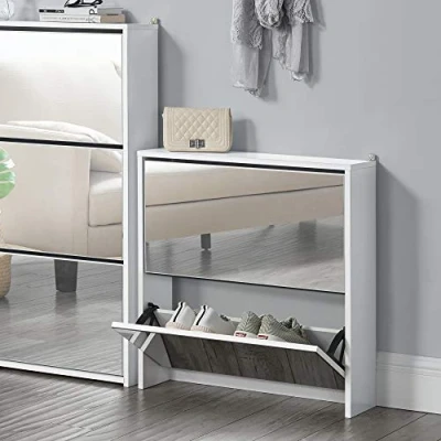 Image of [en.casa] Shoe tipper Vogar cabinet with 2 mirrored flaps chest of drawers for 6 pairs shoes 67 x 63 17 cm storage White