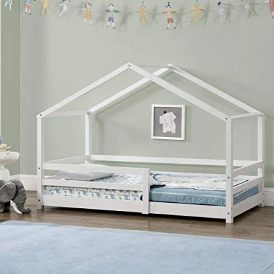 Image of [en.casa] Children&#039;s bed Knätten House Floor 80 x 160 cm Wooden for children with fall out protection Pine wood frame slatted White
