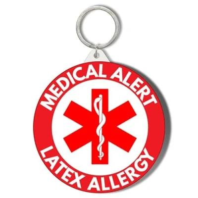 Image of Gift Insanity MEDICAL ALERT RED BACKGROUND LATEX ALLERGY 58mm Keyring