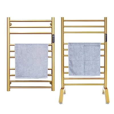Image of Towel Warmer, Heated Electric Warmer Freestanding &amp; Wall Mounted Radiator 304 Stainless Steel Clothes Drying Rack 10 Bars Bath Heater with Built In Timer,Plug In,Gold