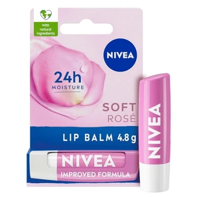 Image of NIVEA Soft Rose Lip Balm (4.8g), with Shea Butter, Natural Oils and Vitamins, Care Offers 24h Deep Moisture Underlines Rosiness of Lips
