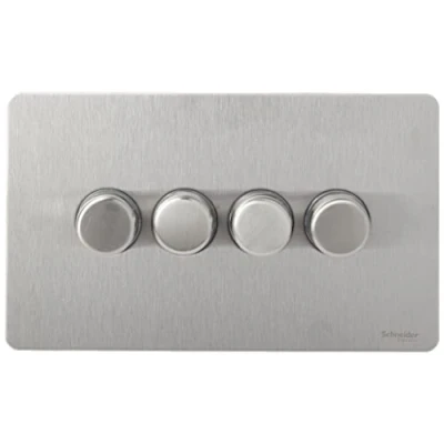 Image of Schneider Electric Ultimate Screwless Flat Plate 4 Gang Rotary Dimmer Light Switch, Main and Low Voltage, 250W/VA, GU6442CSS, Stainless Steel