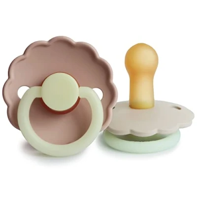 Image of FRIGG Daisy Latex Pacifier Pack of 2 Natural Rubber Soother Dummy BPA Free Made in Denmark Symmetrical Cherry Shaped Nipple (Blush Night/Cream Night, Size (6 18 Months))