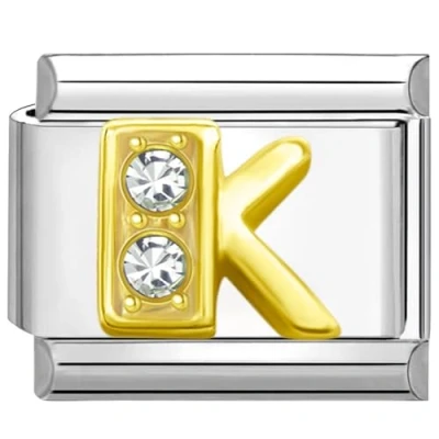 Image of Quiges 9mm Italian Style Charm Link Module Stainless Steel Zirconia Gold Alphabet Letter K for Bracelets