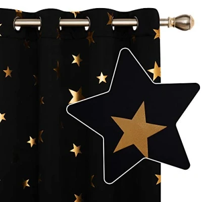 Image of Deconovo Curtains for Bedroom 72 Drop, Blackout Eyelet Curtains, Gold Star Foil Printed Thermal Livingroom 46 x Inch (Width Length), Black, 2 Panels