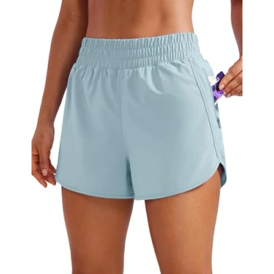 Image of CRZ YOGA Women&#039;s High Waist Running Shorts 3&#039;&#039; Mesh Liner Quick Dry Athletic Gym Workout with Zipper Pocket Light Grayish Blue 10