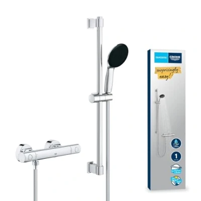 Image of GROHE Precision Get Exposed Thermostatic Shower Set (Round 11 cm Hand 1 Spray: Rain, Hose 1.75 m, Rail 60cm, Safety Functions, Water Saving, Screws and Dowels), Chrome, 34856000