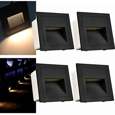 Image of Arotelicht 4pcs/3W Wall Recessed Stair Lights LED,Warm White,Outdoor IP65 Step Light,Square Light,Black Cover Garden Lighting,Deck Balcony,for Stairs, corridors, Steps