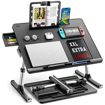 Image of Laptop tray, SAIJI 60*45cm Table lap for bed, Multi purpose Premium Lapdesk, Height Angle adjustable, with Book Stand, Drawer, Tablet slot, Eating, Working, Writing, Gaming, Drawing (Light Grey)