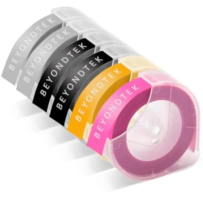 Image of BEYONDTEK Replacement for Dymo Embossing Label Tape 9mm Plastic 3D Black Silver Orange Pink Compatible with Junior Omega Home Maker, 6 Pack