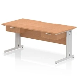 Image of Impulse 1600 x 800mm Scalloped Edge Straight Office Desk Oak Top Silver Cable Managed Leg Workstation 2 1 Drawer Fixed Pedestal