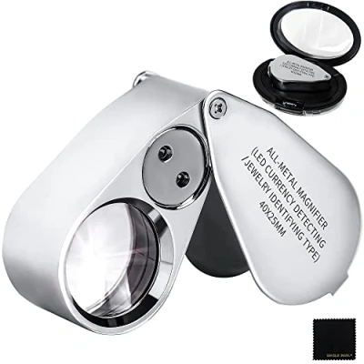 Image of 40X Metal Pocket Magnifier with Lights Slivery Foldable LED Illuminated Jewellers Magnifying Glass Portable Eye Loupe for Jewelry Plants Coins Gems Watches Stamps OS16