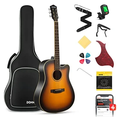 Image of Donner Guitar Acoustic Full Size 4/4 Cutaway Beginner Adult 41 inch Kit with Gig Bag Tuner Strap Strings Capo Picks (Sunburst)
