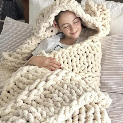Image of Chunky Knit Blanket, Handmade Bulky Knitted Yarn Super Large Throw, Bedroom Decoration Bed Chair Sofa Pet Mat Yoga Rug Woven Blanket(Beige,200 * 200 CM)