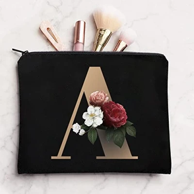 Image of 26 Letter Printed Zip Canvas Pouch Makeup Bag Make Up Bag, Cosmetic Travel Bag,Toiletry Bag,Organizer Bags,Toiletry Bags, Bride Bridesmaid Bag,Pencil Bag,Wash Bag,Coin Purse (Gold A)