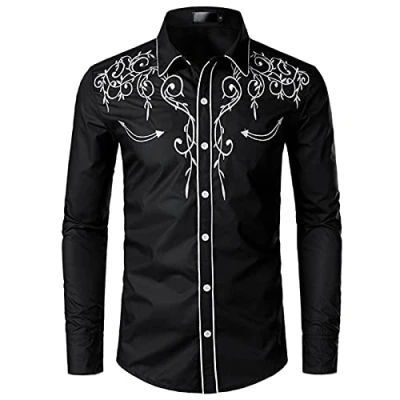 Image of NW Mens Stylish Western Cowboy Shirt Embroidered Slim Fit Casual Long Sleeve Shirts Wedding Party Black