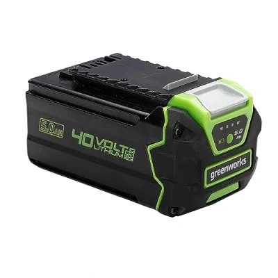 Image of Greenworks 40V Battery. Original Powerful Battery for All Garden and Power Tools. Fast Charging 5Ah Lithium Ion 3 Stage LED Charge Level. 2 Year Warranty. G40B5