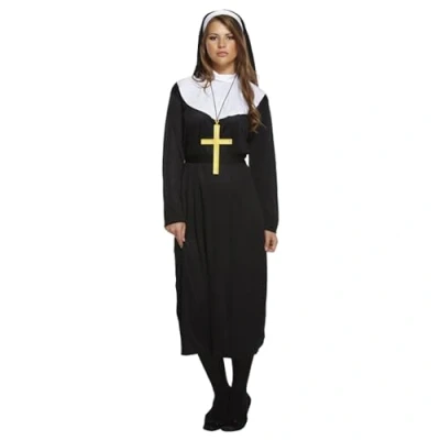 Image of Lizzy Adult Nun Costume + Monk Cross Black Robe Head piece(Veil) Belt Halloween Fancy dress Accessory Religious Male Female Novelty Cosplay Props Hen Stag Party Outfit