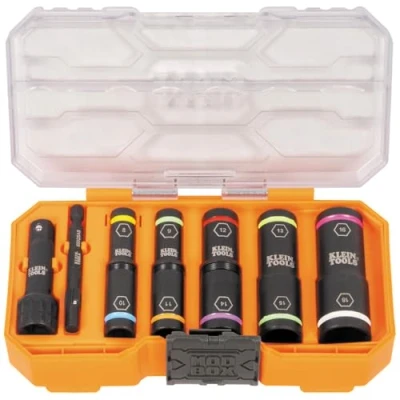 Image of Klein Tools 65619 KNECT Flip 10 Metric Impact Socket Set, Deep Sockets, 5 Color Coded Sizes, 1/4 and 3/8 Inch Adapters, MODbox Case