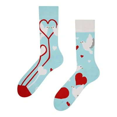 Image of Dedoles Unisex Socks for Women, Men &amp; Kids Cotton Funny Designs Football Bicycle Horses Plants Firefighter Gift Mismatched, Design: White Wedding Doves, Colour: Blue, Size: 8 9.5 W / 9 11 M UK