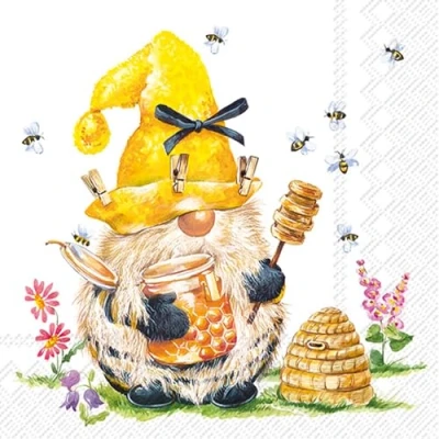 Image of IHR 20 Napkins Flowers, Garden &amp; Nature Gnome Beekeeper Table Decoration Paper with Motif Also for Decoupage and 33 x cm