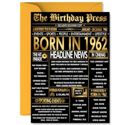 Image of Gold 63rd Birthday Card for Men Women Black &amp; Golden Newspaper Born in 1962 Happy 63 Cards Cousin Dad Husband Nan Grandad Brother, A5 Bday Greeting