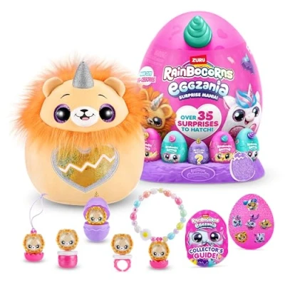Image of Rainbocorns Eggzania Surprise Mania Roary the Lion Collectible Plush Over 20 Surprises Inside, 28 cm, Cuddle Stuffed Animal, Rings, Bracelets, Stickers, Wearable Accessories (Lion)