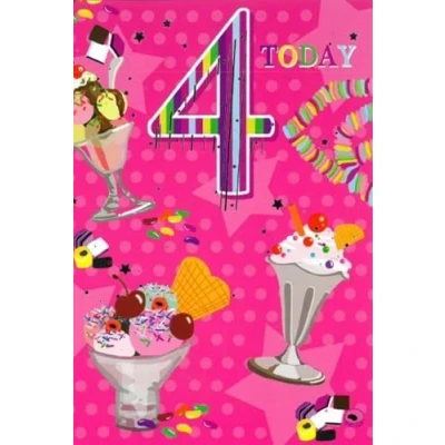 Image of Age 4 Girl 4th Birthday Card Ice Cream Sundaes Sweets Silver Foil 7.75x5.25&quot;