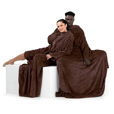 Image of DecoKing 150 x 180 cm, TV microfibre cuddly blanket with sleeves and pockets, soft fluffy fleece blanket, Microfibre, brown, cm