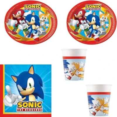Image of Procos Sonic Set 52 PCS 20 pk Paper Napkins 16 Plates 23cm 16pk Cups 200ml