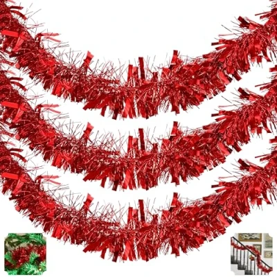 Image of HOVUK® 3PCs Red Fine Cut Chunky 2M Shiny Tinsel Garlands, Luxury Christmas Tree Decoration, Garlands for Xmas Party and Home Decoration