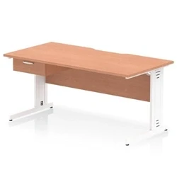 Image of Impulse 1600 x 800mm Scalloped Edge Office Desk Beech Top White Cable Managed Leg Workstation 1 Drawer Fixed Pedestal