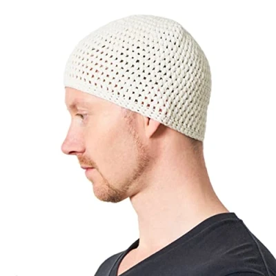Image of CHARM Cotton Skull Cap for Men Crochet Kufi Hat Mens Beanie Prayer Knit Soft Sensitive Skin Chemo White M
