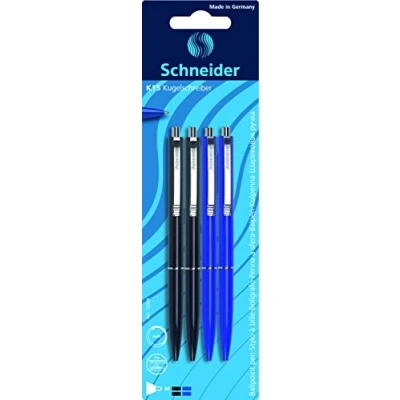 Image of Schneider K 15 Retractable Ballpoint Pen (Indelible Refill Line Width M, Ink Colour: Black/Blue) Pack of 4 Blister Card Black/Blue