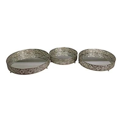 Image of Set of 3 Mirror and Silver Trim Candle Plates