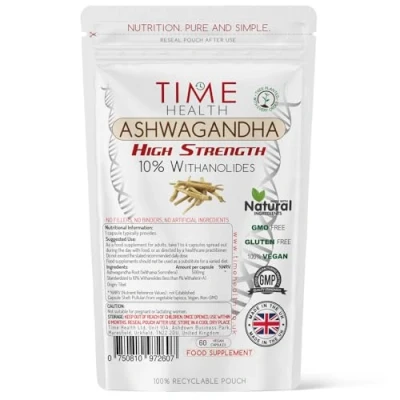 Image of Ashwagandha 10% Withanolides HIGH Strength Maximum Benefits UK Manufactured Zero Additives Pullulan (60 Capsules)