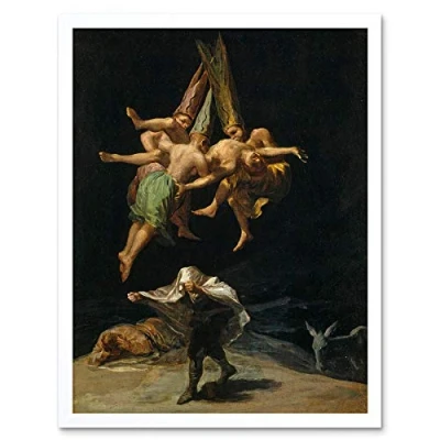 Image of Wee Blue Coo Goya The Witches&#039; Flight Art Print Framed Poster Wall Decor 12X16 Inch