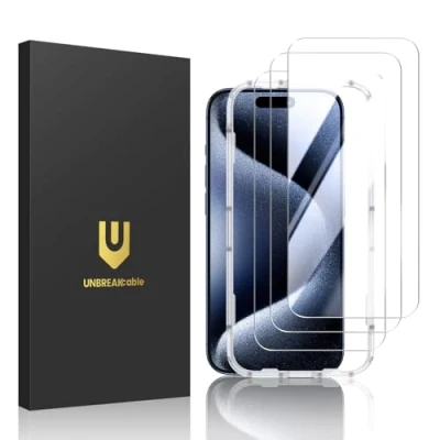 Image of UNBREAKcable Screen Protector for iPhone 15 Pro Max[3 Pack] 9H Hardness Tempered Glass with Installation Frame Max 6.7 Inch [Anti scratch,Bubble free]