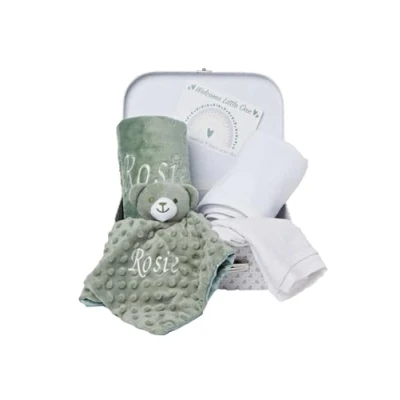 Image of Baby Box Shop Personalised Gift Hamper Unisex Newborn Set in White Keepsake Case with Blanket, Hooded Towel, Milestone Card &amp; Bear Comforter Shower Gifts for Boys or Girls (Sage)
