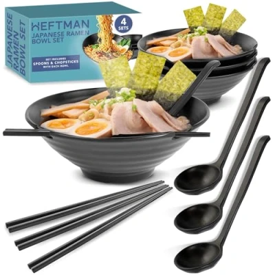 Image of HEFTMAN Japanese Ramen Bowl Set of 4 Elegant 1000ml Bowls, Dishwasher Safe Re Usable Plastic Noodle for Soup, Salad, Rice &amp; Pasta Dishes with Matching Spoons Chopsticks (Black)