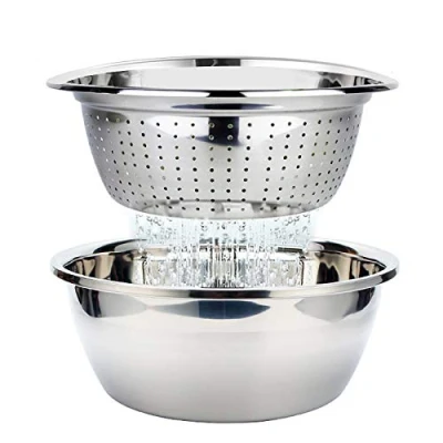 Image of Colander Stainless Steel with Bowl Food Strainer Mixing Set Nesting Metal Draining for Salad Vegetable Fruit Rice Pasta Meal Preparing