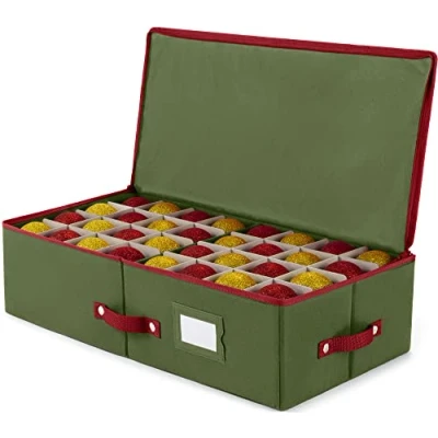 Image of ZOBER Christmas Bauble Storage Box with Dividers 64 Compartment Underbed Xmas Ornament Container Zip Closure Designed for Delicate Decorations &amp; Baubles Non Woven